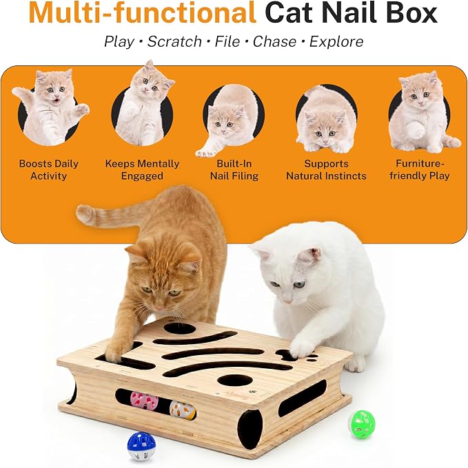Cat Nail File Box – XL Wooden Cat Scratch Box with Built-in Nail Filing Pad, Interactive Puzzle Toy with 4 Bell Balls & 2 Feather Teasers, Claw Saver Box for Indoor Cats & Kittens