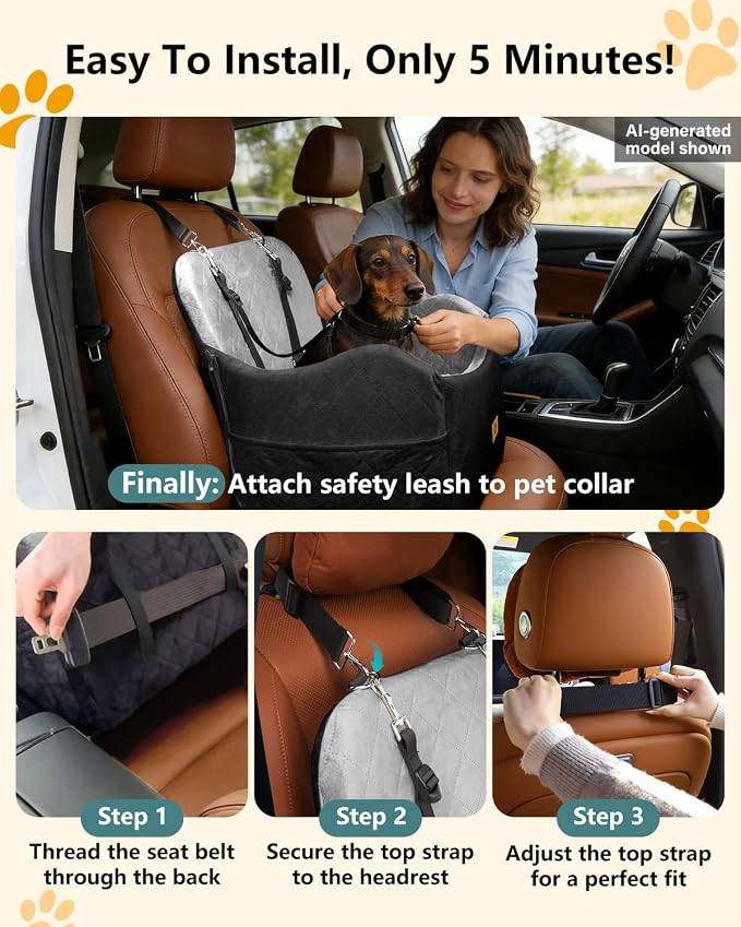 Dog Car Seat for Small/Medium Dogs Up to 35lbs, 2-in-1 Pet Car Seat with Memory Foam, Detachable Washable Dog Bed for Cars, Pet Booster Carseat with Storage Pockets Fits Front/Back Seats (Black/Grey)