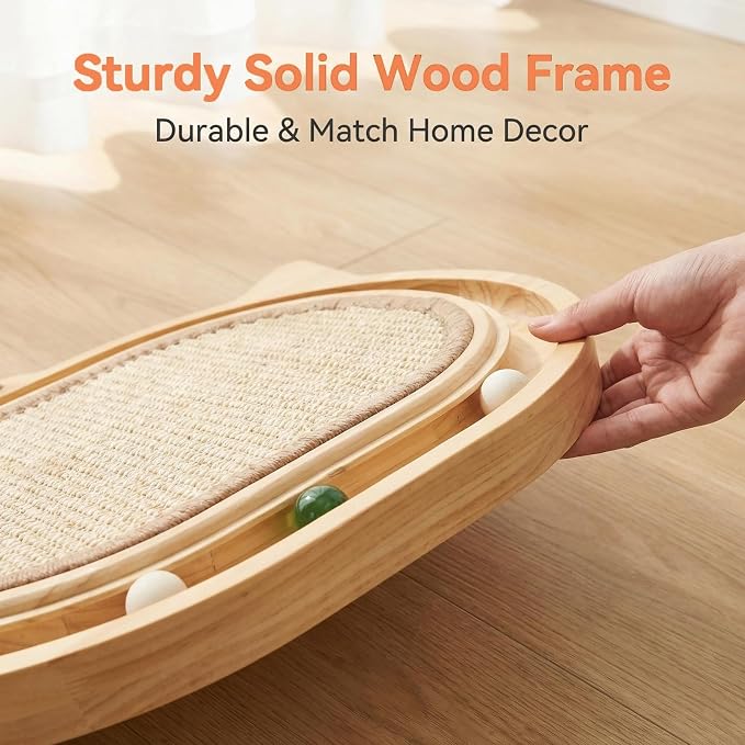 Sisal Cat Scratcher Toy with Ball Track Feather and Ball, Wooden Interactive Toy for Indoor Cats, Scratch Pad,Kitten Toys for Chasing Hunting Physical Exercise