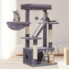 Taoqimiao Cat Tree, 38.5In Cat Tower for Indoor Cats, Suitable for Kittens | Thick Padded Top Perch, Luxurious Cat Condo, Adjustable Basket, 1-Piece Ramp Scratcher, 3 Sisal Posts, Smoky Gray, MS029SG