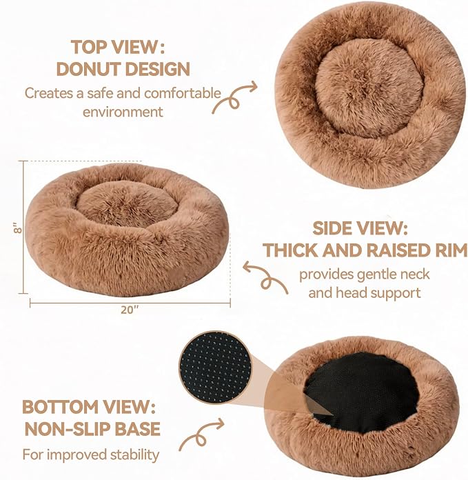 Calming Donut Pet Bed for Cats & Small Dogs, Ultra Soft Fluffy Anti Anxiety Cat Bed with Raised Rim, Washable Plush Round Puppy Bed for Indoor Cats, Kittens, Chihuahua & Yorkie (Khaki, 20 Inch)