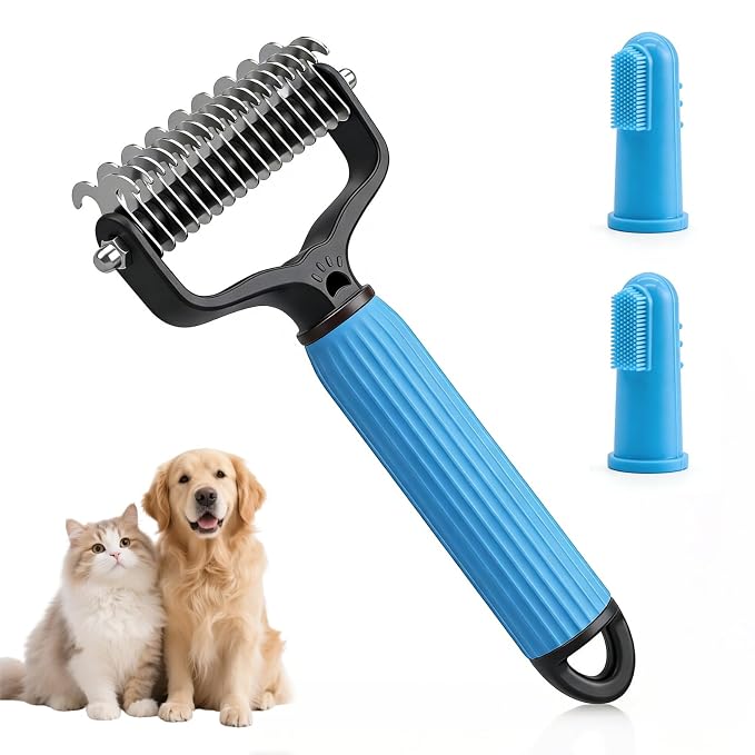 Pet Dematting Comb, 9+17 Tooth Rake with 2 Finger Toothbrushes | 9+17 tooth comb | 2 finger toothbrushes | 2 storage cases | dogs and cats