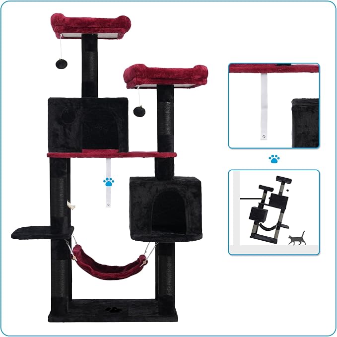 Hey-brother Cat Tree Tower with Sisal Scratching Posts, Big Condo, MPJ020BR | 53.7 Inches Multi-Level Cat House with 2 Bigger Plush Condos, 2 Platforms, Hammock, Toy Balls for Indoor Cats, Black and Red
