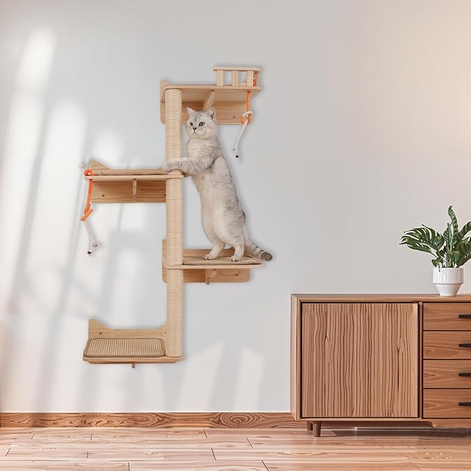 Wall Mounted Cat Tree, Cat Wall Shelves with Sisal Mats | Cat shelves for wall with wall mounted perch, sisal scratching posts, cat shelf and space saving design for indoor cats