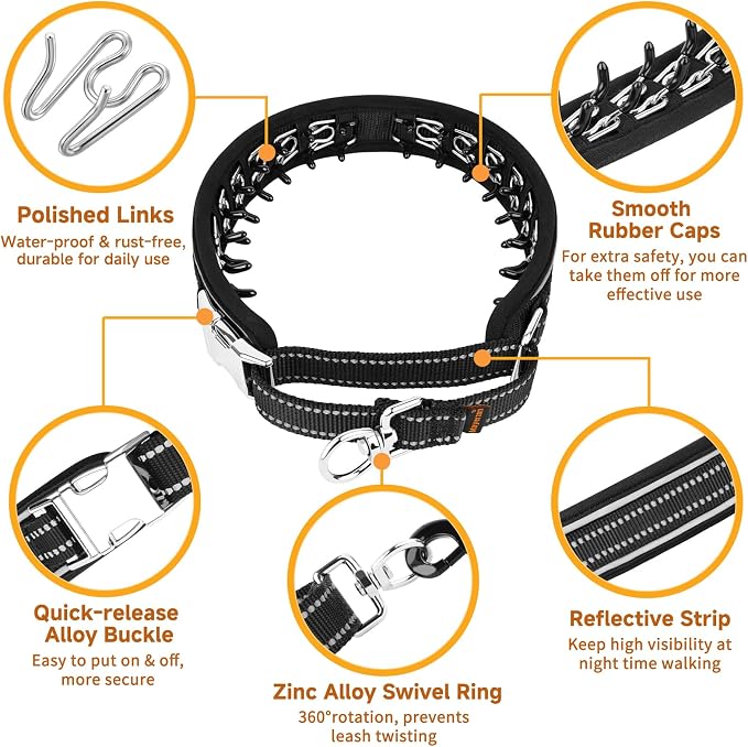 Mayerzon Martingale Dog No Pull Collar with Metal Buckle, Black, XL, 2.5mm | Walking Training Collar for Medium Large Dogs German Shepherd, Boxer, Rottweiler that Pull, Reflective, 360° Swivel Ring