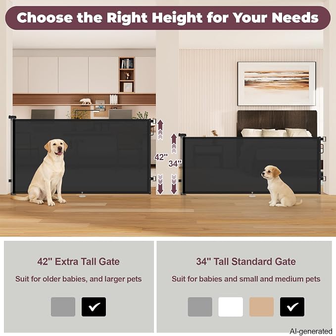 42" Extra Tall Retractable Baby Gates, 76" Wide Dog Gate for Stairs | Mesh Gate Indoor Outdoor for Doorways Deck Kitchen, Long Safety Gate for Child Toddler, Prevent Pet from Jumping Over, Black
