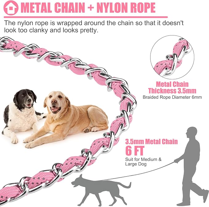 HOMIMP Chew Proof Dog Leash for Medium Large Dogs, Reflective 6 FT Heavy Duty Metal Chain Dog Leashes with Soft Padded Handle, Anti Bite Durable Rope Leashes for Pitbull, Non Chewable, Light Pink
