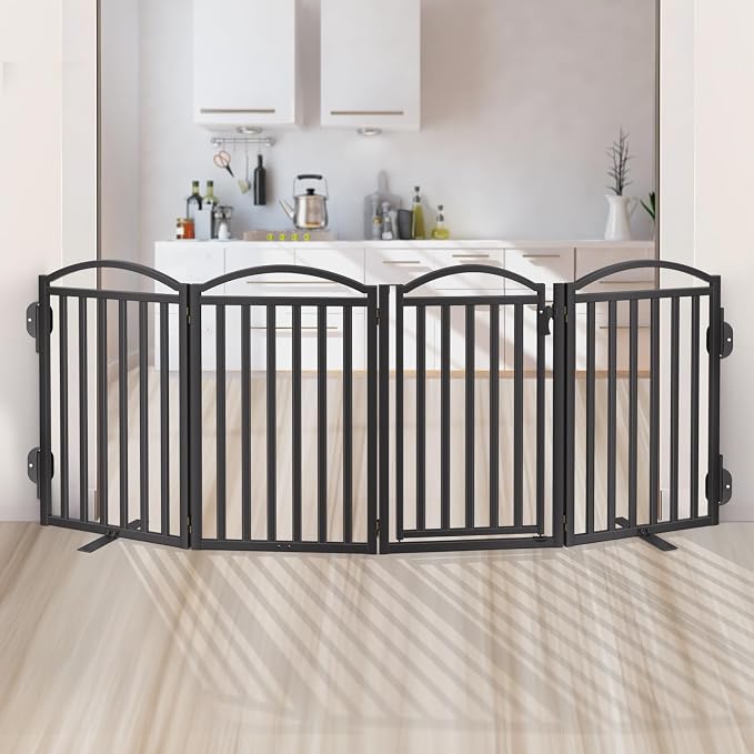 Malier Metal Freestanding Dog Gates with Door, Outdoor Indoor Dog Fences, Extra Wide Foldable Puppy Gate for Stairs, Hallways, Yard (Black, 80''W × 32''H【4 Panels】)
