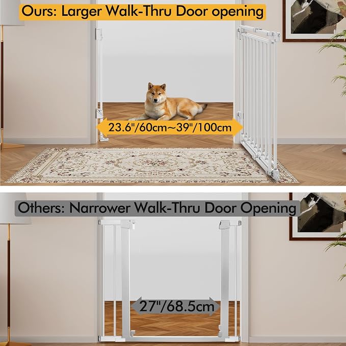 29" Tall Baby & Dog Gate,26-43" W Hardware Mount Gate,White | Auto-Close design,Two-Way Swing, No Bottom Bar,Must Drill to Install