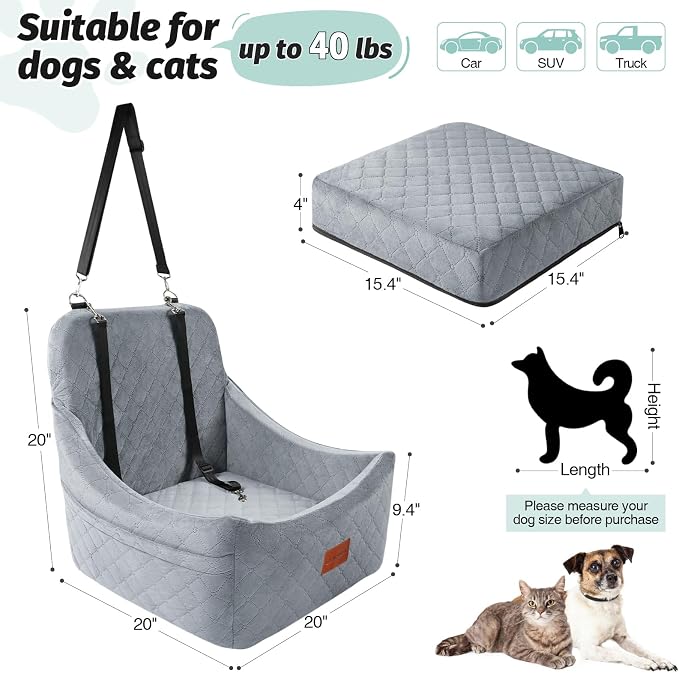Lealchum Dog Car Seat for Medium Dogs Up to 40lbs,Fully Detachable and Washable,Easy to Install with Adjustable Straps,Anti-Slip Base Travel Car Bed for Pets,2 Side Pockets(Grey,Medium)