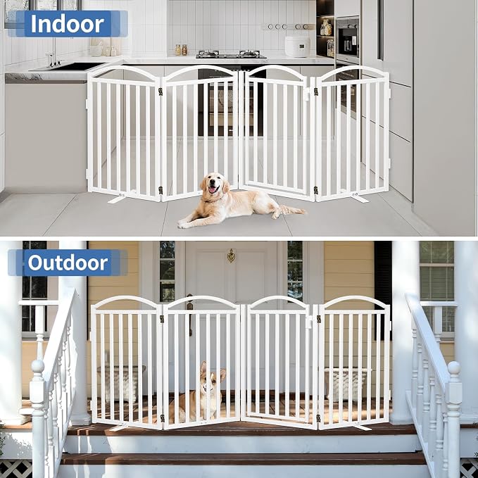 Malier Metal Freestanding Dog Gates with Door, Outdoor Indoor Dog Fences, Extra Wide Foldable Puppy Gate for Stairs, Hallways, Yard (White, 80''W × 32''H【4 Panels】)