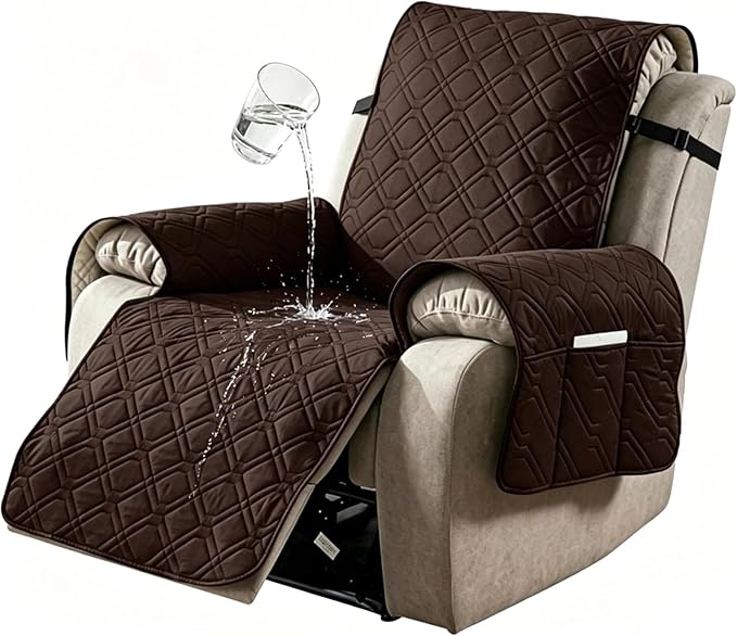 100% Waterproof Recliner Chair Cover, Non-Slip Washable Recliner Slipcover with Elastic Straps & Side Pocket, Stay in Place Furniture Protector for Dogs Cats Kids(Chocolate, 23)