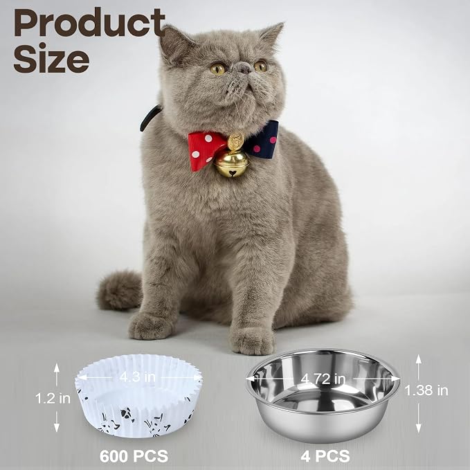 Bulk Disposable Cat Bowls Set (600 Pcs Cat Food Bowl Liners + 4 Pcs Stainless Steel Pet Bowls) Small Paper Bowls for Puppy Kitten Small Dogs and Cats, Ideal for Dry & Wet Food (White, Cat Face Print)