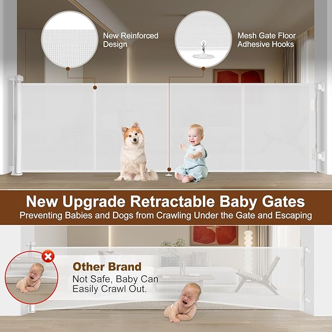 Miumoon 200 inch Reinforced Retractable Baby Gates 42 inch Tall | Retractable Dog Gate with No Crawl Through Reinforced Strip, 16 FT Extra Long Retractable Gate Outdoor, Garage Gate