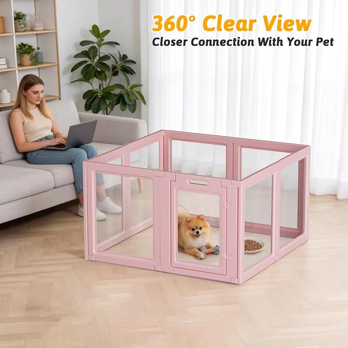 Acrylic Dog Playpen Indoor, Puppy Playpen, Dog Pen Indoor, 8PCS | 30.3" H, Skin Pink, Purple & Sky Blue, Clear View, No-Gap Escape-Proof, Tool-Free Setup, For Puppies & Small Dogs