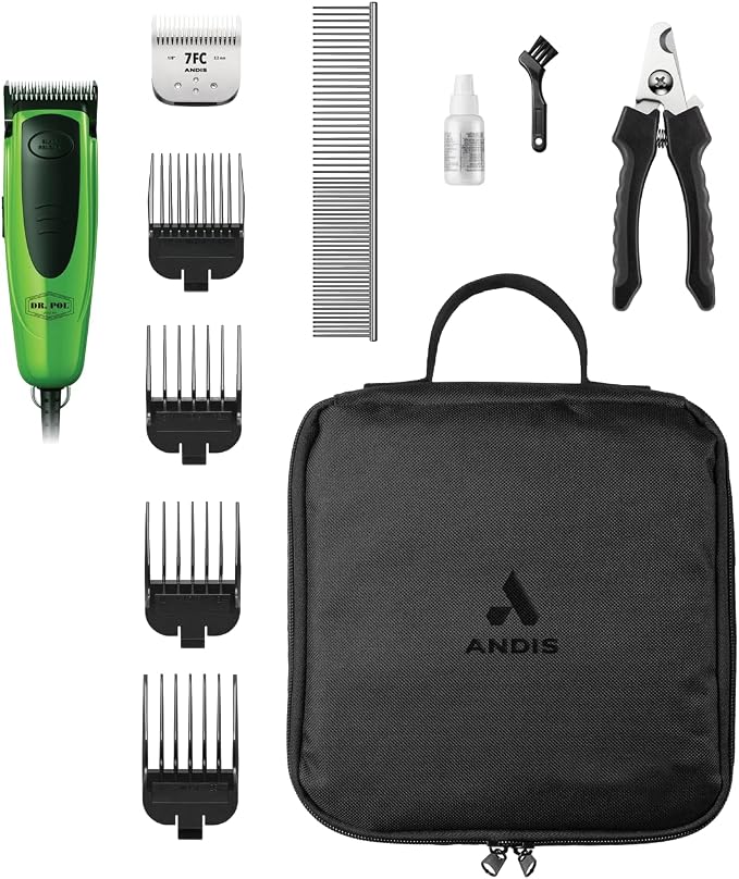 Andis 561121 Dr. Pol Easy Clip Versa Clipper Kit, 10 & 7FC Blades, Green | Includes 4 attachment combs, steel comb & nail clipper, dog grooming kit for all dog types