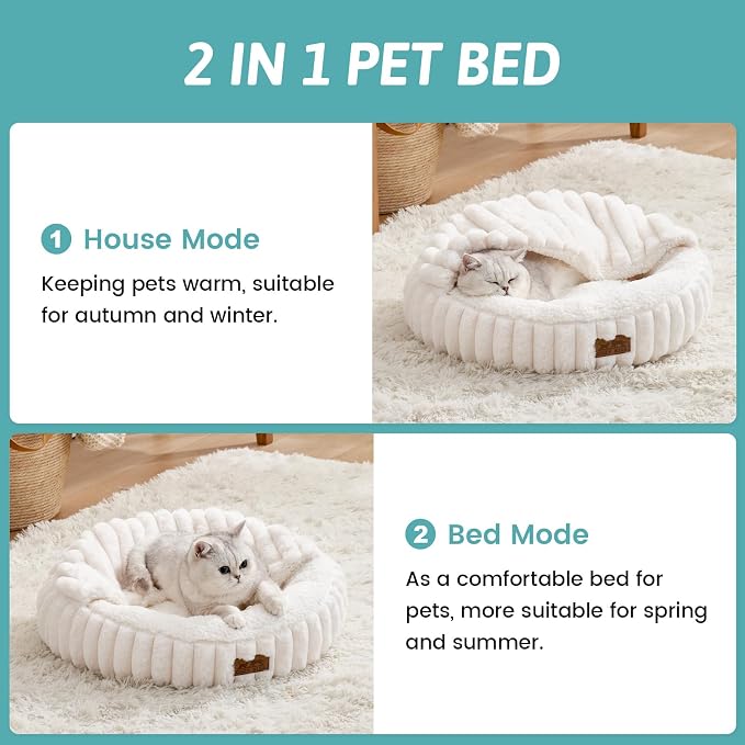 Cat Bed with Hooded Blanket, Round Fluffy Anti-Anxiety Pet Bed for Cats/Small Dogs, Cozy Donut Cuddler with Machine Washable Faux Fur & Anti-Slip Bottom(23"×23"×6",Cream)