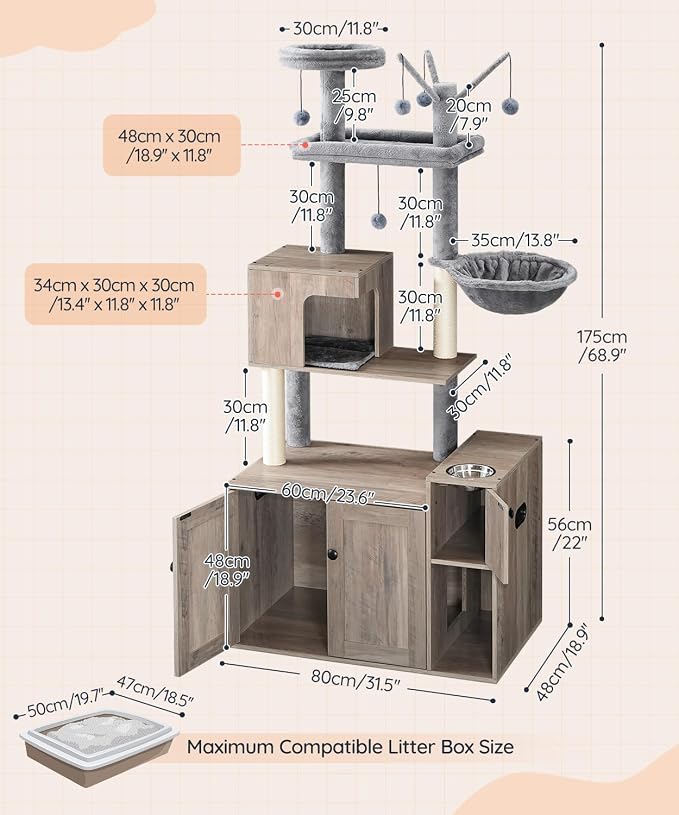 HOOBRO Cat Tree with Litter Box Enclosure, 68.9" H Cat Tower with Food Bowl and Storage, Hidden Litter Enclosure Furniture, All-in-One Modern Cat Condo, with House, Hammock and Perch, Greige BG80MZ03