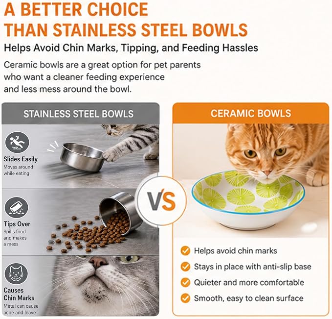 Ceramic Cat Food Bowls, 6 Pack 5.7-in Non-Slip Cat Dishes for Food, Water | Food-Safe Ceramic, Shallow Whisker-Friendly Plates For Wet Meals, Kibble, Multi-Cat Homes, Dishwasher And Microwave Safe