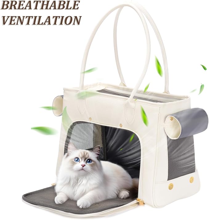 Fashion Pet Carrier Purse for Small Cat and Dog, Luxury Pu Soft-Sided Tote Bag with Large Pockets for Dogs and Puppies (White, 15.8" L x 7.5" W x 11.8" H)