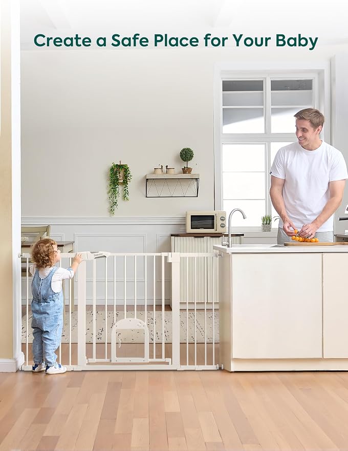 Babelio Extra Wide Baby Gate with Cat Door, CatPrivilege III, 29-55" | 30" Tall Pressure/Hardware Mounted Safety Gate for Large Openings, Auto-Close, White