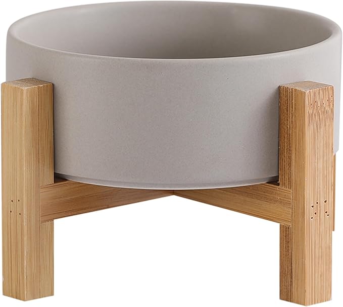 Elevated Ceramic Cat Bowl - Cat Food Bowl with Bamboo Stand - Raised Dog Dish for Puppies - Anti Vomiting, Stress Free - 13.5 oz / 400 ml - Grey