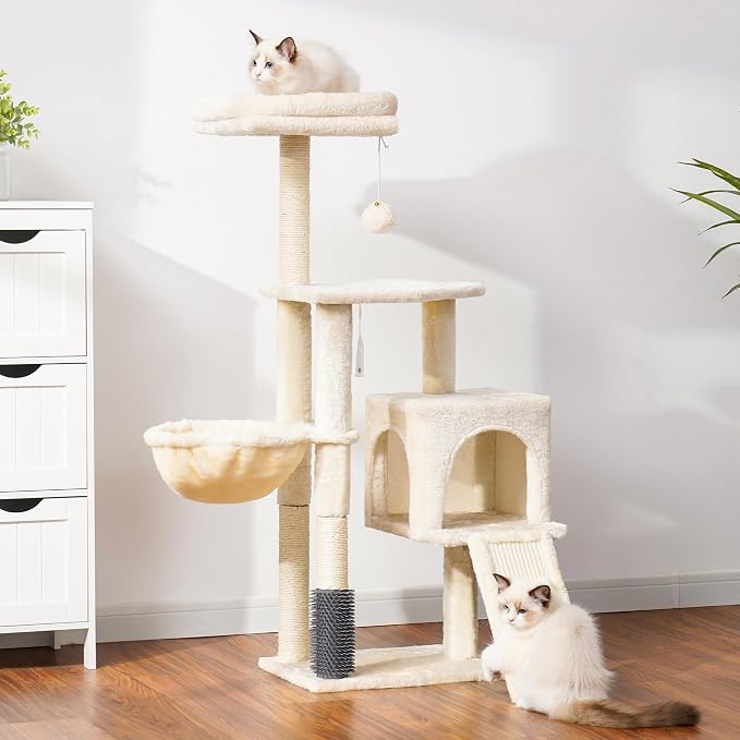 Heybly Cat Tree with Cat Self Groomer Brush, 42.5 inch HCT005SM | Cat Tower Condo for Indoor Cats with Padded Plush Perch, Cat House with Basket Scratching Board Post, Beige