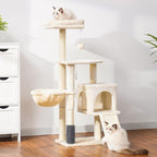 Heybly Cat Tree with Cat Self Groomer Brush, 42.5 inch HCT005SM | Cat Tower Condo for Indoor Cats with Padded Plush Perch, Cat House with Basket Scratching Board Post, Beige