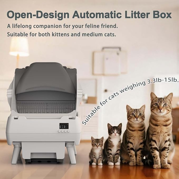 Automatic Cat Litter Box Self Cleaning - App Control, Open-Design, Smart Health Monitor, Suitable for Medium Cats and Kittens, Anti-Pinch Safety, Quiet Operation - White