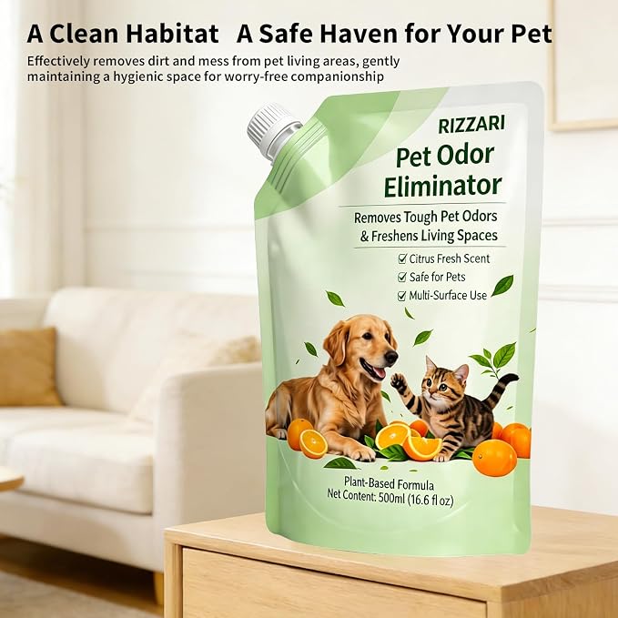 RIZZARI Cordless Pet Odor Control Spray Bundle, Rechargeable Nano Mist Sprayer with 500ml Pet-Safe Deodorizer for Cat Litter Boxes, Dog Beds, Carpets & Home Pet Areas