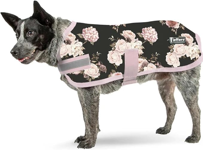 Jeffers Expression Dog Coat Waterproof Ripstop Winter Jacket 26" – 240g Insulated Blanket, Adjustable Belly & Chest Straps, Reflective Strips, Small to Large Breeds, Outdoor & Travel - Rose Garden