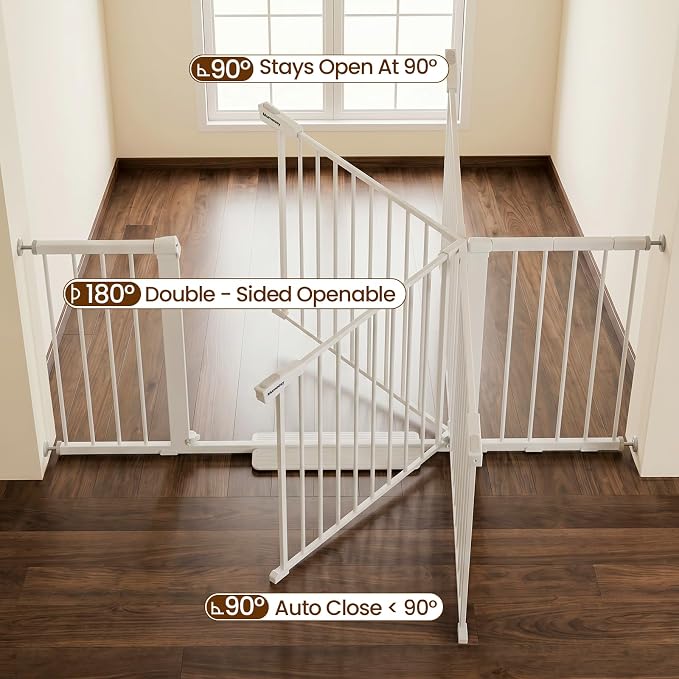 Mumeasy Extra Wide Baby Gate for Doorways, 36-63" Walk Thru Dog Gate with Auto Close Dual Swing for Stairs & Hallways, Easy Install Pressure Mounted Child Safety Gate for Toddlers & Pets Indoor, White