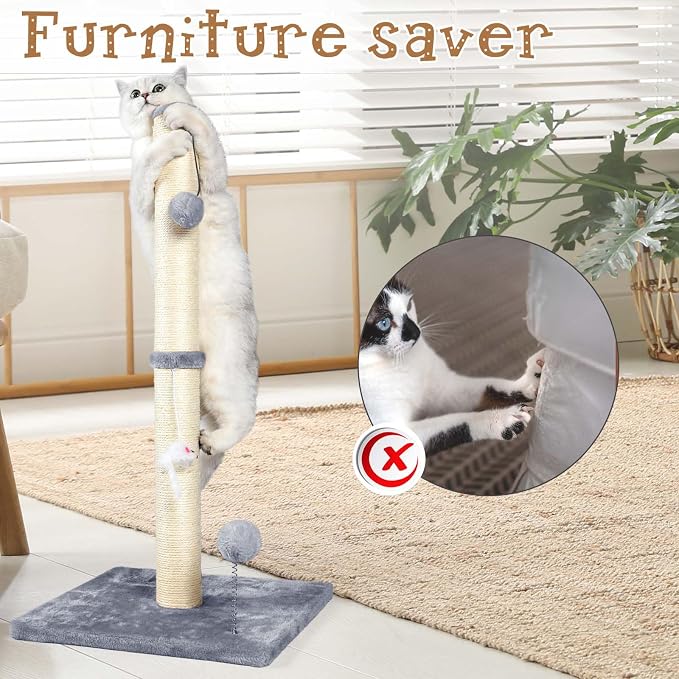 ANWA 32" Tall Cat Scratching Posts for Indoor Cats, 3-in-1 Cat Scratching Post with Plush Toys, Premium Sisal Post for Cats at All Ages with Reinforced Stable Base, Gray