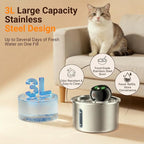 Cordless Cat Water Fountain, 3L Stainless Steel Quiet Pet Water Fountain | 5000mAh Rechargeable Battery, 101oz Large Capacity, 3 Flow Options, 4 Replacement Filters, Cats & Small Dogs