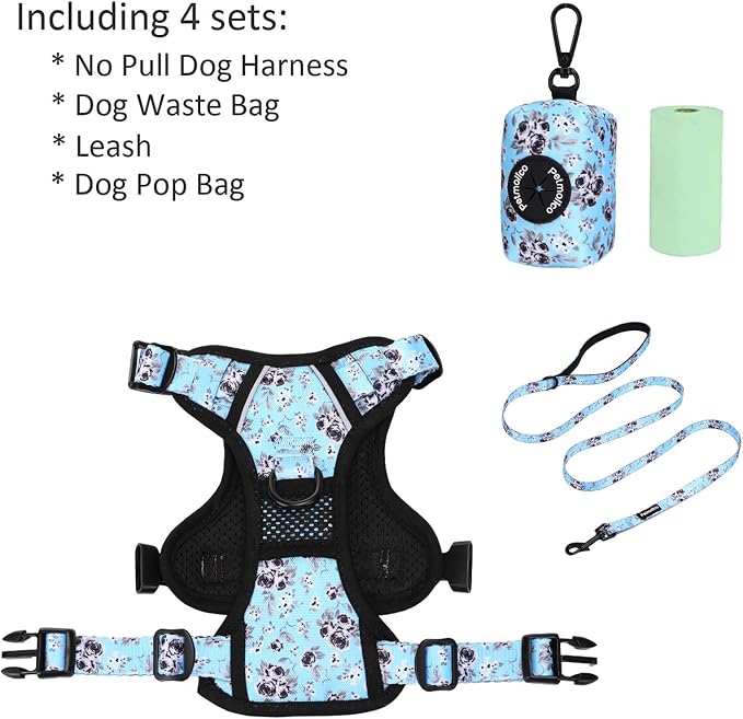 Petmolico No Pull Dog Harness Set with Leash Attachment Easy Control Handle Reflective Harness Vest Small Breed, Puppy Vest and Leash Set with Poop Bag Holder, Small - White Rose