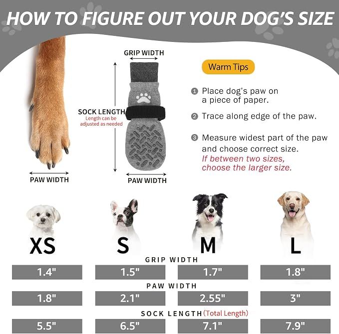 SCENEREAL Anti Slip Dog Socks to Prevent Licking Paws for Hot/Cold Pavement, Paw Protector Traction Control on Hardwood Floor, Dog Shoes Booties for Puppy Small Medium Large Senior Dogs, Grey XS