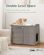 SETVSON Cat Litter Box Enclosure Furniture, Handwoven PE Rattan, Gray | Large Double-Door PE Rattan Kitty House, Fits Large Covered Litter Boxes, 2 Litter Mats, 2 S-Hooks, Metal Frame