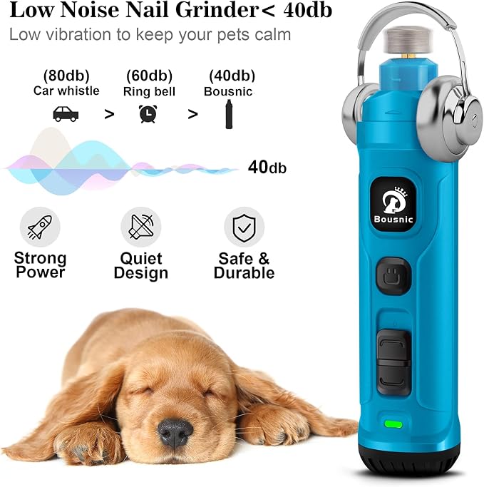 BOUSNIC Dog Nail Grinder with 2 LED Light - Super Quiet Pet Nail Grinder Powerful 2-Speed Electric Dog Nail Trimmer File Toenail Grinder for Puppy Small Medium Large Breed Dogs & Cats (Blue)