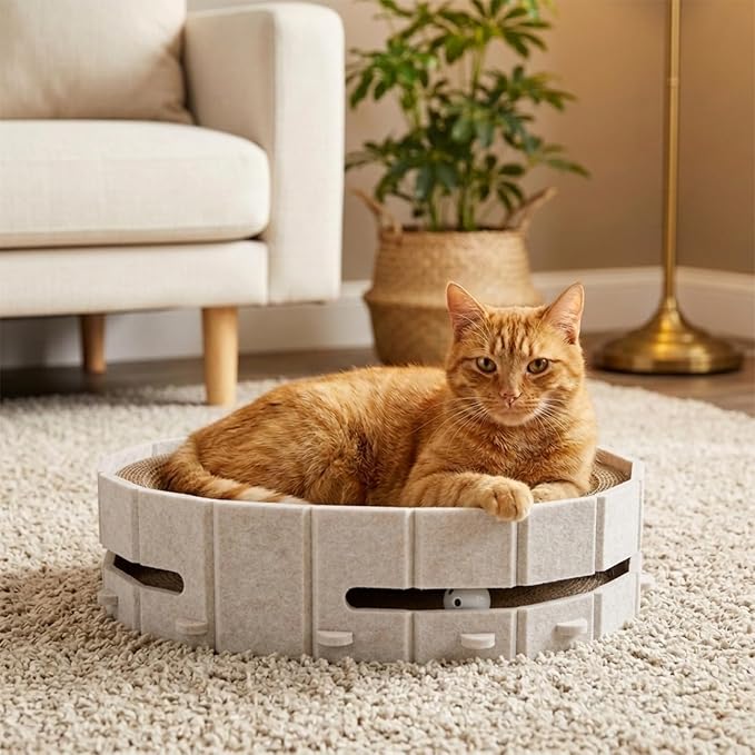 Interactive Cat Scratcher Lounge Bed Heavy Duty Corrugated Cardboard Cat Scratching Pad Bowl with Built-in Track & 2 Bell Balls for Indoor Cats Claw Care and Rest Cat Scratching Bowl, Beige