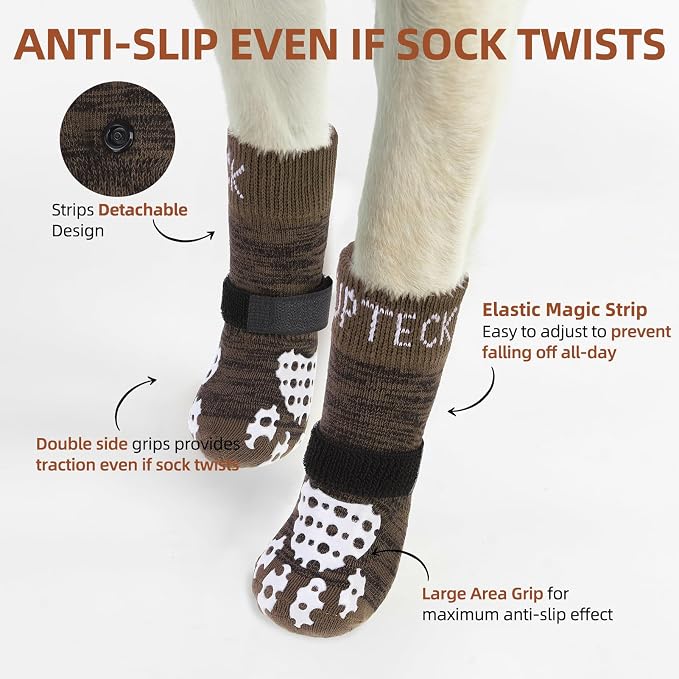 PUPTECK Anti-Slip Dog Socks with Double Sides Grips for Small Medium Large Dogs Hardwood Floors Prevents Licking, Dog Shoes for Hot Pavement Traction Control for Senior Dogs, Coffee Brown S