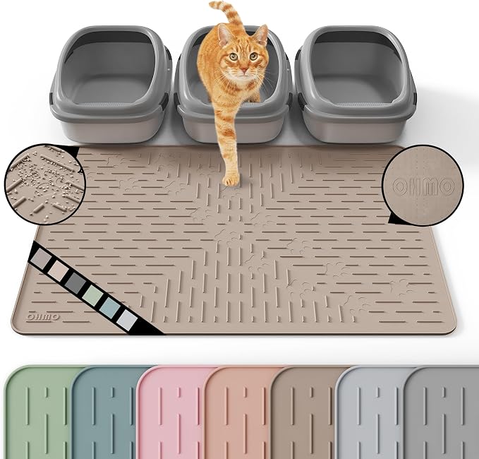 XL Cat Litter Mat, 37.5x25.2 Silicone Trapping Mat Beige | for Kitty Litter Box, Easy Clean, BPA Free Rubber, Center Litter Collection, Easy Pour-Back, Waterproof, Odor-Resistant