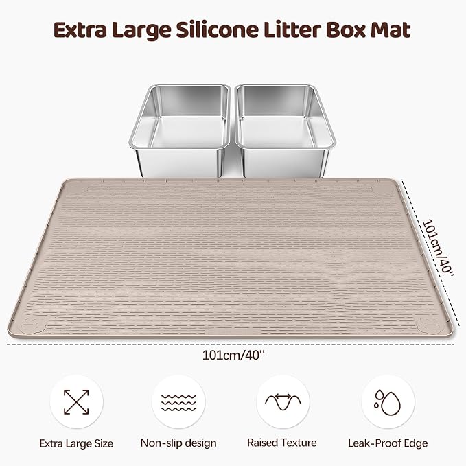 Silicone Cat Litter Mat for Litter Box 40”x40” Large Cat Mat, Khaki | Waterproof, Non-Slip, Leak-Proof Rug Mat with Lip, Easy to Clean, Extra Large Litter Catcher Mat for Floor
