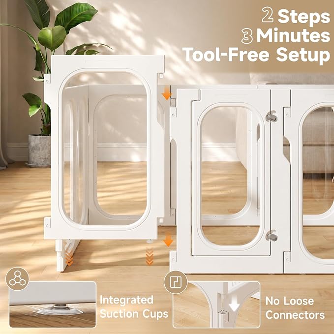 Acrylic Dog Playpen Indoor Expansion Panels, 26'' H Clear Transparent Add-On Panels with Integrated Suction Cups Base, No-Connector Panel-to-Panel Design, 2 Panels for Small Dogs, White