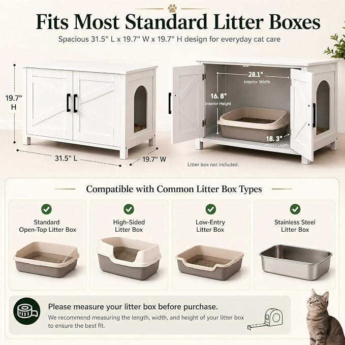 Homhedy 31.5" L Cat Litter Box Enclosure with Barn Door, White | Wooden Cat Washroom Furniture, Cat House, Pet Storage Cabinet, Dog-Proof, Fit Most of Litter Box, Farmhouse Style