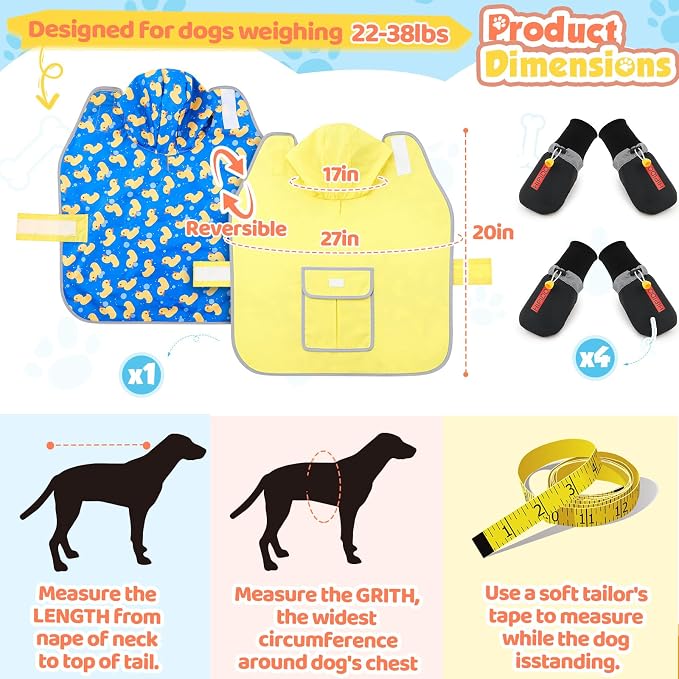Dog Raincoat and Shoes for Weighing 20-38lbs, Spring Summer Waterproof Dogs Boots & Paw Protectors, Adjustable Pet Poncho with Leash Hole for Large Medium Small Dogs, Yellow(Double Side)