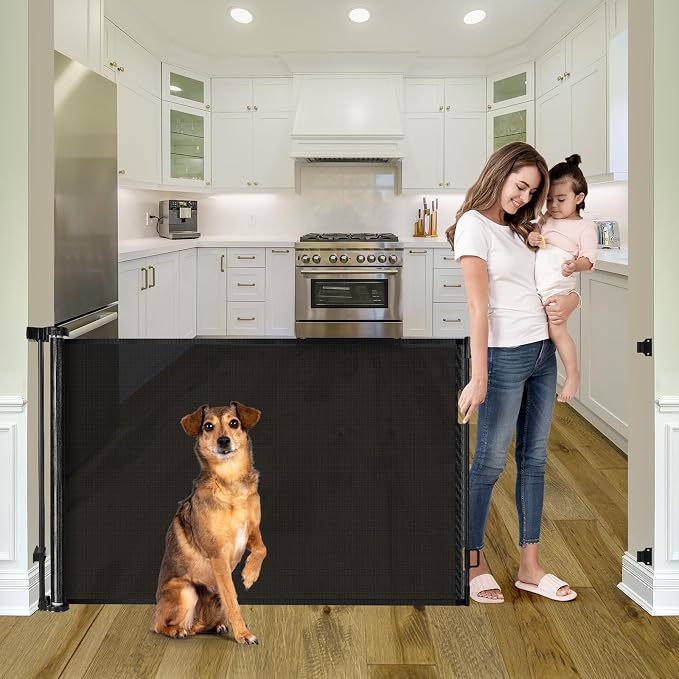 55" Wide Retractable Baby Gates for Doorways, Retractable Dog Gate, Black | Indoor & Outdoor, Space-Saving, Easy One-Hand Operation, Safety Lock, Durable Mesh, Easy Install, for Stairs/Hallways/Decks