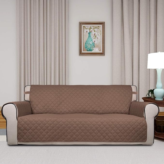 PureFit Reversible Quilted Sofa Cover, Water Resistant Slipcover Furniture Protector, Washable Couch Cover with Non Slip Foam and Elastic Straps for Kids, Dogs, Pets (Large, Brown/Beige) | Brown/Beige, Water Resistant Couch Protector, Washable Pet Couc...