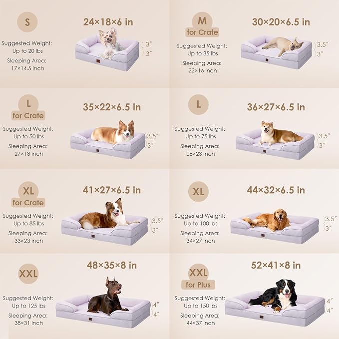 EHEYCIGA Orthopedic Dog Beds Large Sized Dog, Waterproof Washable Pet Bed | Non-Slip Bottom and Egg-Crate Memory Foam XL Dog Couch Bed with Washable Removable Cover, Lilac