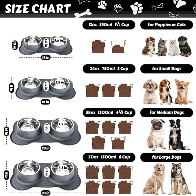 AsFrost Dog Food Bowls Stainless Steel Dog Food & Water Bowl Set with No Spill Non-Skid Silicone Mat, Dog Dishes Pet Feeding Bowls for Small Medium Large Sized Dogs Cat Puppy Food Bowl, Grey, 4 Cup