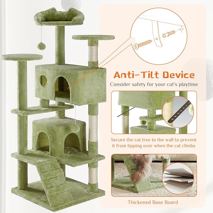 Sweetcrispy 54-inch Indoor Cat Tree Tower with Scratching Posts, Green | Multi-Level Indoor Cat Tree Condo with Climbing Ladder, Plush Toy, Play House for Kitten